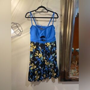 OOAK Upcycled swim top with rayon skirt Blue and Black Floral Dress